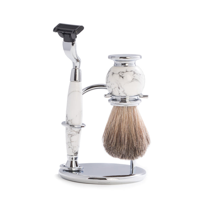 Occasion Gallery White Stone Color "Mach 3" Razor & Pure Badger Brush on Chrome with White Stone Stand.  3.25 L x 6 W x 3.25 H in.