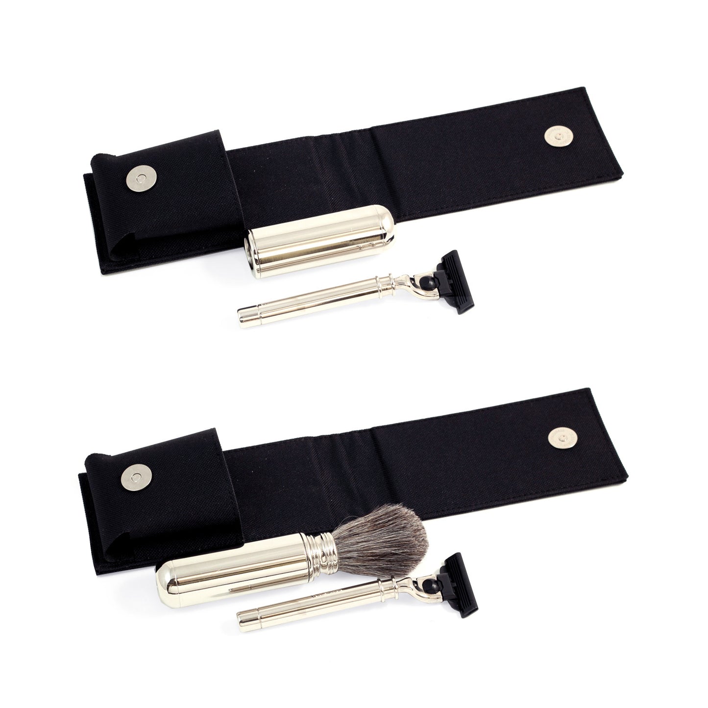 Occasion Gallery Black Color "Mach 3" Razor and Travel Badger Brush with Chrome Plated Finish in Black Canvas. 3 L x 5.75 W x 1.5 H in.