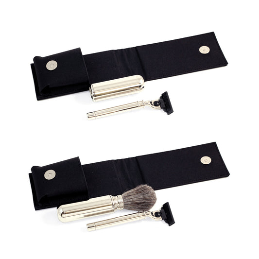 Occasion Gallery Black Color "Mach 3" Razor and Travel Badger Brush with Chrome Plated Finish in Black Canvas. 3 L x 5.75 W x 1.5 H in.