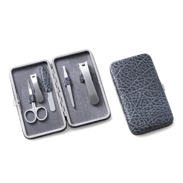 Occasion Gallery Grey Color 5 Piece Manicure Set with Small and Large Clipper, File, Tweezers, and Scissors in Grey Leather Case 6 x 3.5 L x 3.5 W x 0.5 H in.