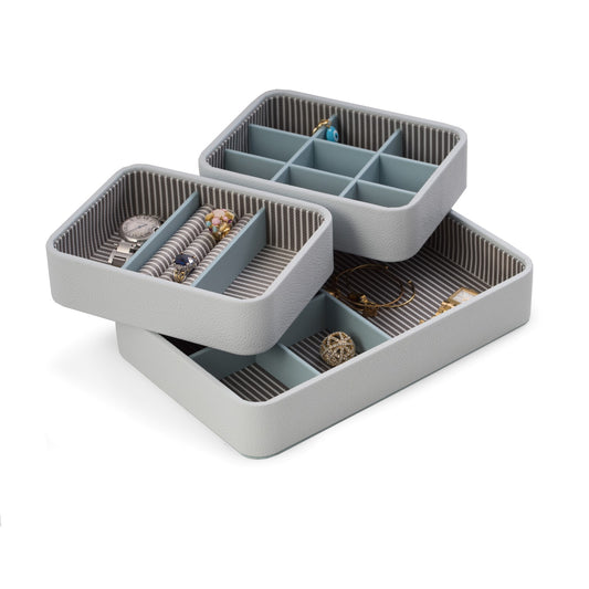 Occasion Gallery Blue Color Light Blue Leatherette Open Face Stackable Jewelry Organizer with Multi Compartments, Including Slots for Rings. 11.5 L x 7.5 W x 4 H in.