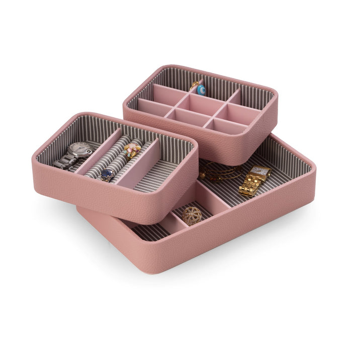 Occasion Gallery Pink Color Pink Leatherette Open Face Stackable Jewelry Organizer with Multi Compartments, Including Slots for Rings. 11.5 L x 7.5 W x 4 H in.