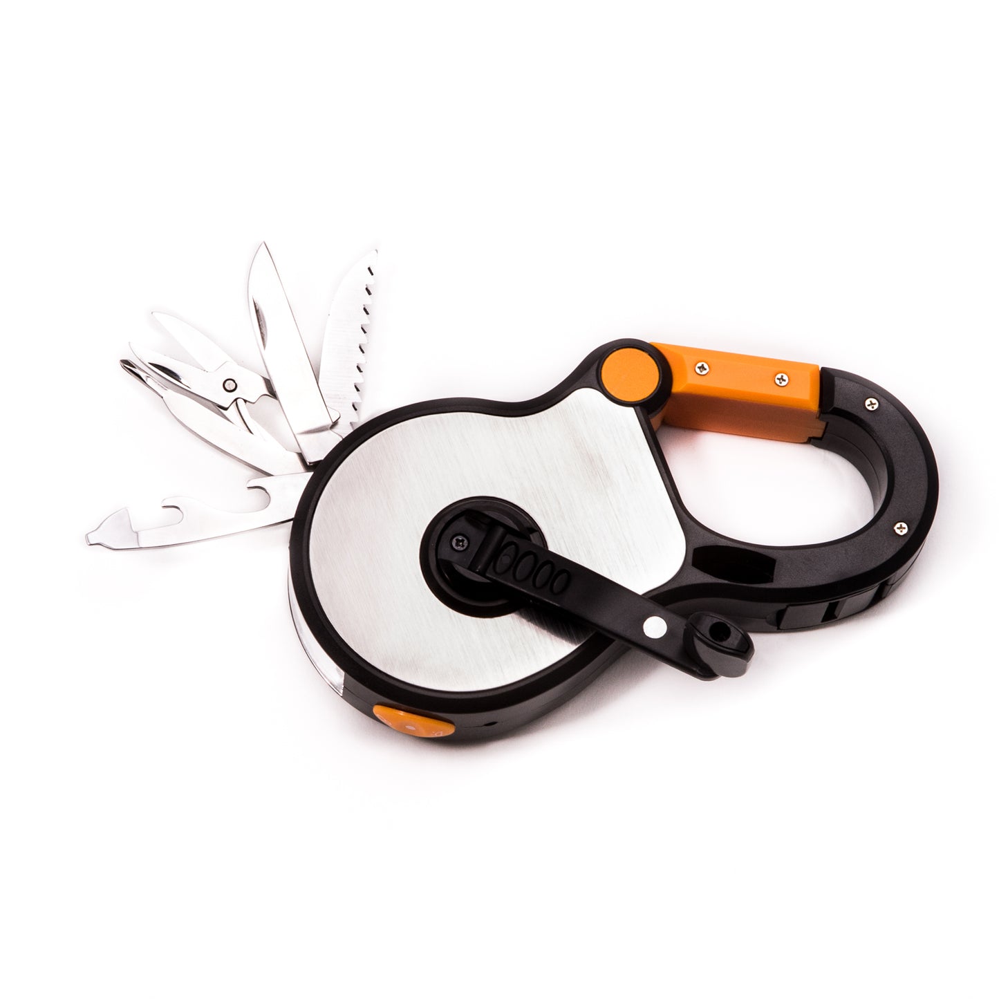 Occasion Gallery Silver Color Carabiner w/ Multi Tool Kit. Includes Hand Crank LED torch & Red Flashing Light, Knife, Scissors, Can & Bottle Opener w/ Screwdrivers, Saw & Whistle in a ABS Plastic & Stainless Case 5.5 L x 2.5 W x 0.75 H in.