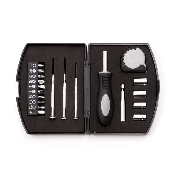 Occasion Gallery Black/Silver Color 20 Piece Tool Set in ABS Plastic Case. Includes  3 Precision Screwdrivers, 10 Piece Screwdriver Set, 4 Socket Set, Socket Adaptor and 3' Tape Measure in Metric & Standard Measurement 5.25 L x 4.5 W x 1.25 H in.
