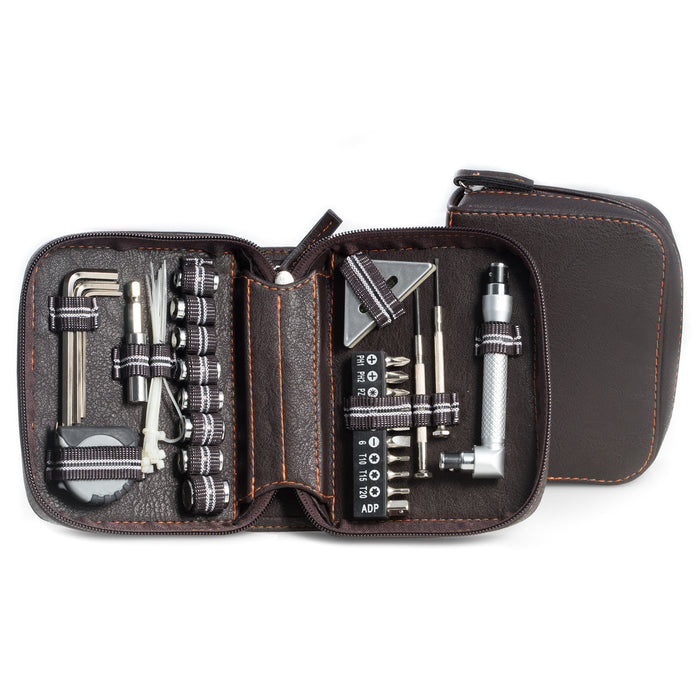 Occasion Gallery  28 pc. Tool Set in Brown Zippered Leatherette Case. Includes Hex Keys, Screwdriver & Socket Set, Socket Adaptor, Measuring Tape, Zip Ties, Level, Socket Tool & Straight Slot &  Phillips Jewelers Screwdrivers.  4.25 L x 5.5 W x 2 H in.