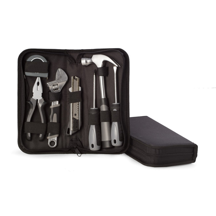 Occasion Gallery Black 8 Piece Tool Set in Zippered Black Canvas Case. Set Includes Retractable Cutting Blade, Plier, Tape Measure, Claw Hammer, Adjustable Wrench, Standard & Phillips Screwdriver. 10.75 L x 5 W x 2 H in.