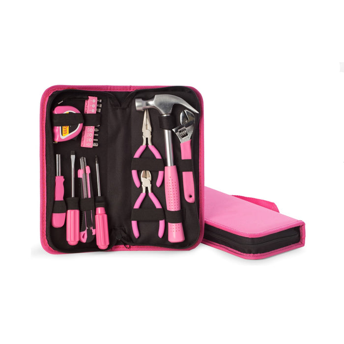 Occasion Gallery 20 Piece Lady's Tool Set in Zippered Pink Canvas Case. Set Includes Cutting Blade, Pliers, Tape Measure in Both Standard & Metric, Claw Hammer,  Adj. Wrench, Standard & Phillip Screwdrivers, Bit Set & Holder. 10.75 L x 5 W x 2 H in.