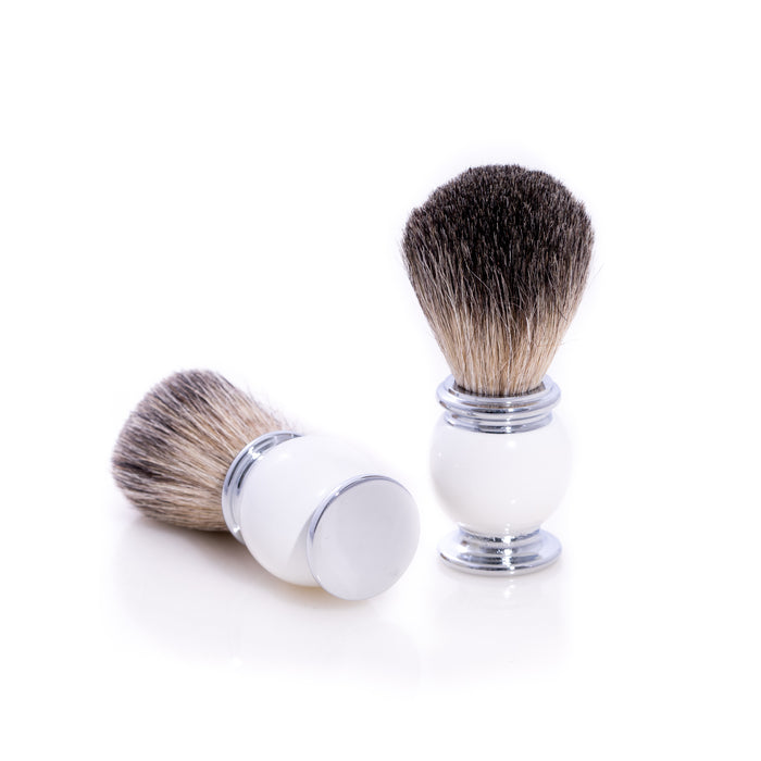 Occasion Gallery White Color Pure Badger Shaving Brush with White Enamel Handle and Chrome Accents. 1.5 L x 1.5 W x 4 H in.