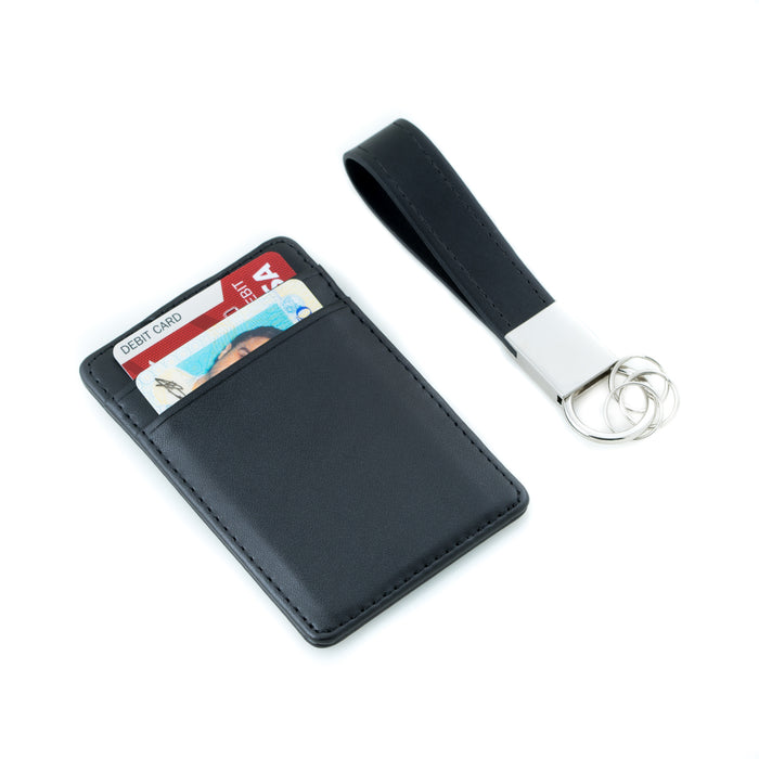 Occasion Gallery Black Color Black Leather Travel Wallet with Money Clip and Leather Strap Valet Key Ring Gift set 4.15 L x 2.75 W x 0.25 H in.