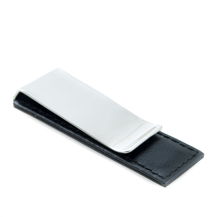 Occasion Gallery Black Color Chrome Plated Money Clip with Black Leather Accent. 2.75 L x 0.85 W x 0.35 H in.
