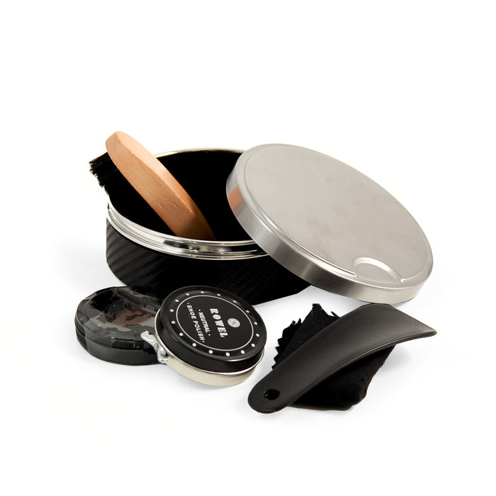 Occasion Gallery Black Color Shoe Shine Set in Stainless Steel & Black Leather Case. Includes Shoe Polish, Shoe Horn, Polishing Rag, Brush and Moist Shinning Sponge. 4.5 L x 1.75 W x 4.5 H in.