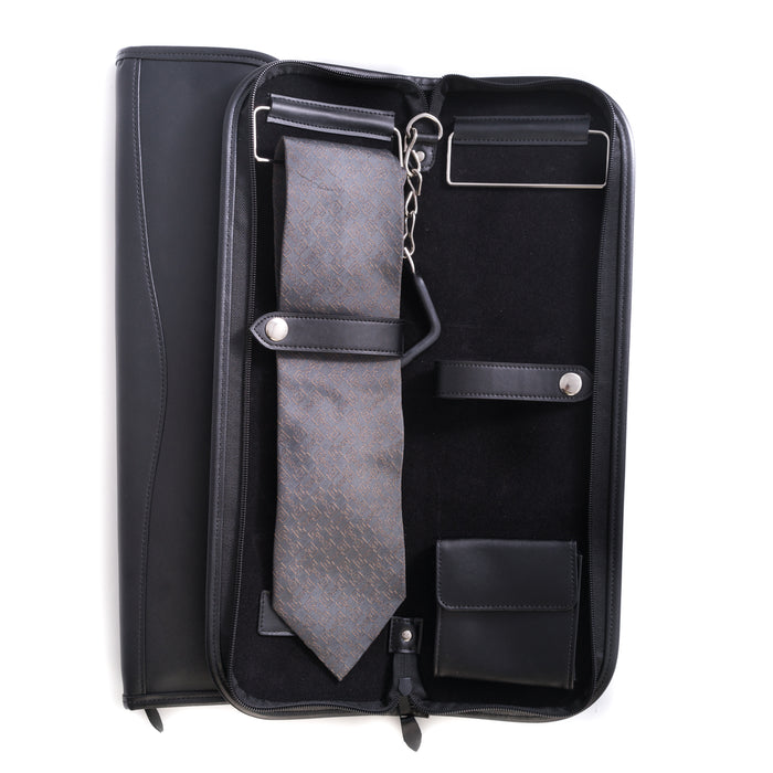 Occasion Gallery Black Color Travel Tie Case with Accessory Pocket and Hanging Hook in Zippered Black Leather. 5 L x 16.5 W x 1 H in.