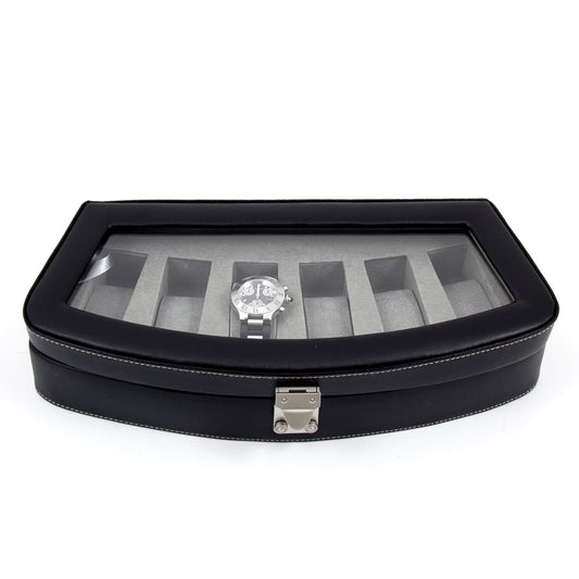 Occasion Gallery Black Color Black Leather 6 Watch Case with Glass Top and Locking Clasp. Pigskin Leather Lined. 13.5 L x 6 W x 2.75 H in.