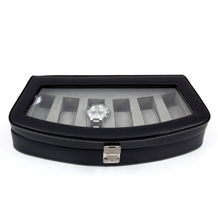 Occasion Gallery Black Color Black Leather 6 Watch Case with Glass Top and Locking Clasp. Pigskin Leather Lined. 13.5 L x 6 W x 2.75 H in.