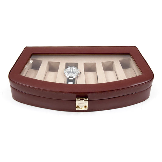 Occasion Gallery Brown Color Brown Leather 6 Watch Case with Glass Top and Locking Clasp. Pigskin Leather Lined. 13.5 L x 6 W x 2.75 H in.