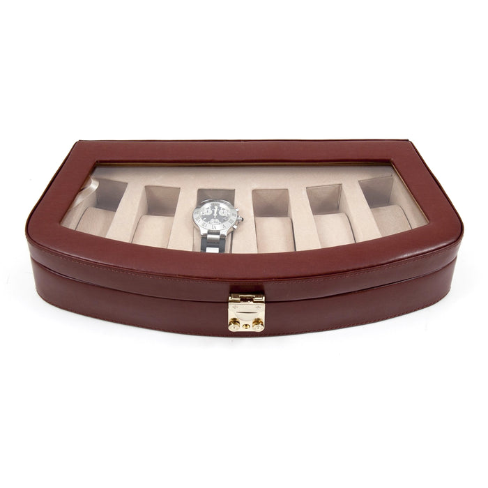 Occasion Gallery Brown Color Brown Leather 6 Watch Case with Glass Top and Locking Clasp. Pigskin Leather Lined. 13.5 L x 6 W x 2.75 H in.