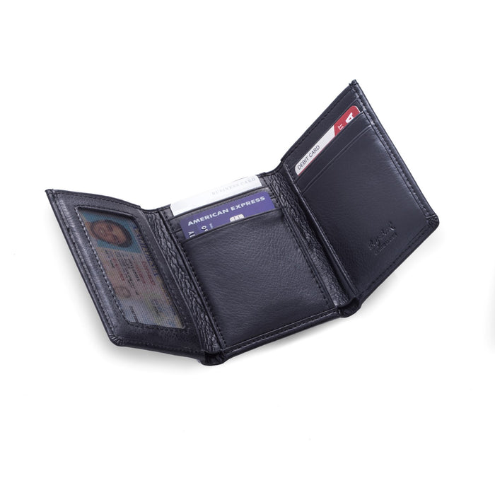 Occasion Gallery Black Color Tri-Fold Black Leather Wallet with ID Window. 4.25 L x 0.75 W x 3 H in.