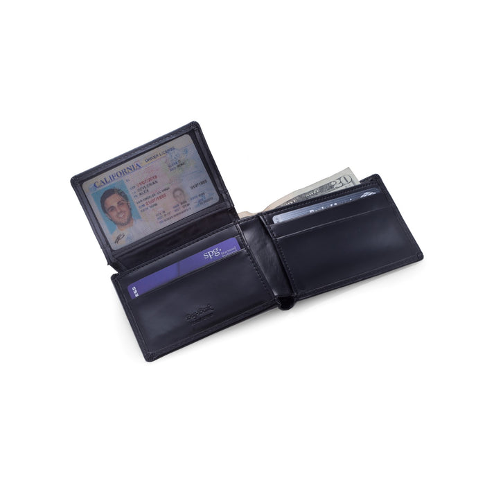 Occasion Gallery Black Color Bi-Fold Black Leather Wallet with Flip Out ID Window. 4.5 L x 0.65 W x 3.75 H in.