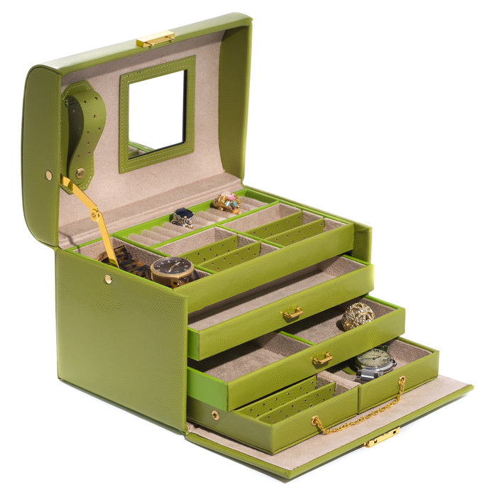 Occasion Gallery Lime Green Color 4 Level Hinged Lime Leather Jewelry Box with Mirror, Travel Case, Two Drawers and Locking Clasp. 9.25 L x 6.25 W x 6.5 H in.