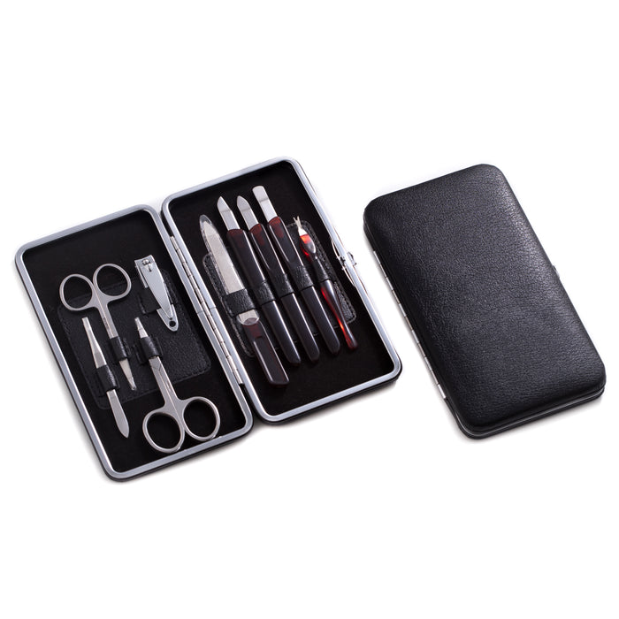 Occasion Gallery Black Color 9 Pieces Manicure Set with Tweezers, Nail Scissors, Cuticle Scissor, File, Small Clipper and 4 Piece Manicure Accessories in Black Leather Case. 6.75 L x 0.75 W x 3.75 H in.