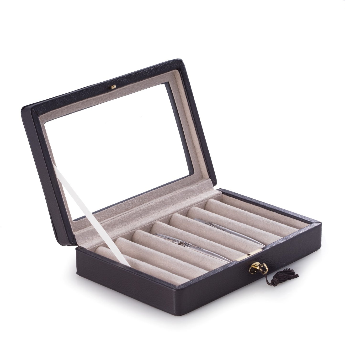 Occasion Gallery Brown Color 8 Pen Case with Glass Top and Locking Clasp in Brown Leather Trim and Velour Lining.  10.5 L x 7 W x 2.25 H in.