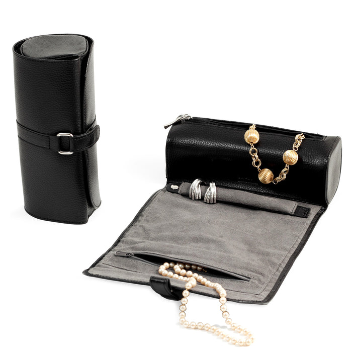 Occasion Gallery Black Color Black Leather Jewelry Roll with Zippered Compartments for Watches or Bracelets, Straps for Hanging Necklaces and for Rings or Earrings. Strap with Magnetic Clasp. 8.75 L x 3.5 W x 3.5 H in.