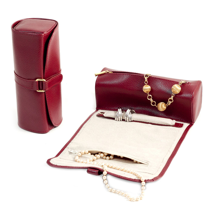 Occasion Gallery Red Color Red Leather Jewelry Roll with Zippered Compartments for Watches or Bracelets, Straps for Hanging Necklaces and for Rings or Earrings. Strap with Magnetic Clasp. 8.75 L x 3.5 W x 3.5 H in.