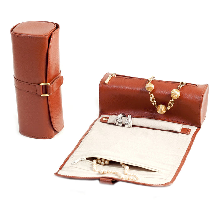 Occasion Gallery Brown Color Tan Leather Jewelry Roll with Zippered Compartments for Watches or Bracelets, Straps for Hanging Necklaces and for Rings or Earrings. Strap with Magnetic Clasp. 8.75 L x 3.5 W x 3.5 H in.
