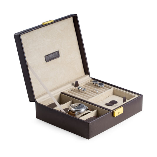 Occasion Gallery Brown Color Brown Leather 4 Watch Case & Valet with Removable Tray and Locking Clasp. Velour Lined. 9.5 L x 8 W x 3 H in.