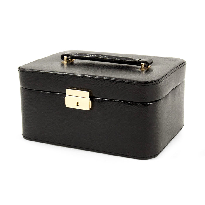 Occasion Gallery Black "Lizard" Debossed Leather Jewelry Box w/ Velour Lining, Mirror &  Locking Clasp. Removable Valet  w/ Slots for Rings, Tabs of Earrings & Hinged Compartment.  Travel Case & Compartment for Watch / Bracelet.  9 L x 7 W x 4.75 H in.