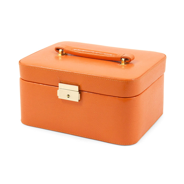 Occasion Gallery Orange "Lizard" Debossed Leather Jewelry Box. Features a Removable Valet Tray w/ Slots for Rings, Tabs of Earrings & Hinged Compartment. Travel Case for Rings & Earrings, Compartment for Watch / Bracelet. 9 L x 7 W x 4.75 H in.