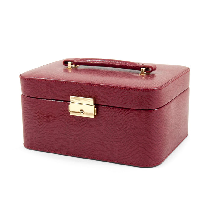 Occasion Gallery Red "Lizard" Debossed Leather Jewelry Box.  Valet Tray on Top w/ Slots for Rings, Tabs of Stud Earrings & Hinged Compartment. Travel Case for Rings & Earrings as Well as Compartment for Watch / Bracelet.  9 L x 7 W x 4.75 H in.