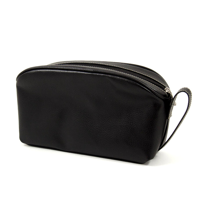 Occasion Gallery Black Color Black Leather Toiletry Bag with 6 Divided Inside Compartments and Zipper closure. 11.5 L x 2.75 W x 6.5 H in.