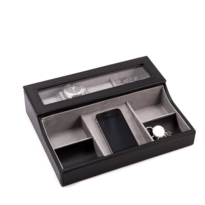 Occasion Gallery Black Color Black Leather with Pig Skin Valet Box for 3 Watches and Slots for Cufflink Under Glass See-thru Top with Multi Compartments for Change, Phone and accessories.  11.25 L x 9 W x 2.75 H in.