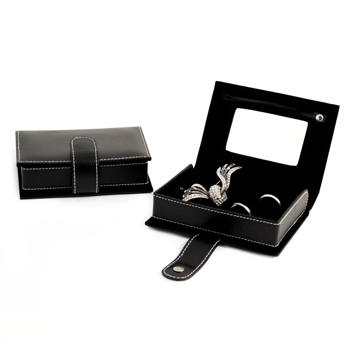 Occasion Gallery Black Color Black Leather Travel Jewelry Case with Mirror. 5.25 L x 3.5 W x 1.5 H in.