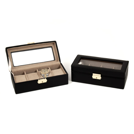 Occasion Gallery Black Color Black Leather Four Watch Case with Glass Top and Locking Clasp.  8.5 L x 4 W x 3 H in.