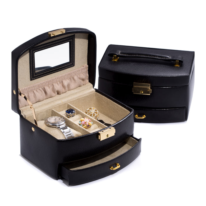 Occasion Gallery Black Color Black Leather 2 Level Jewelry Case with Drawer and Mirror. Locking Clasp. 7.25 L x 5.25 W x 4 H in.
