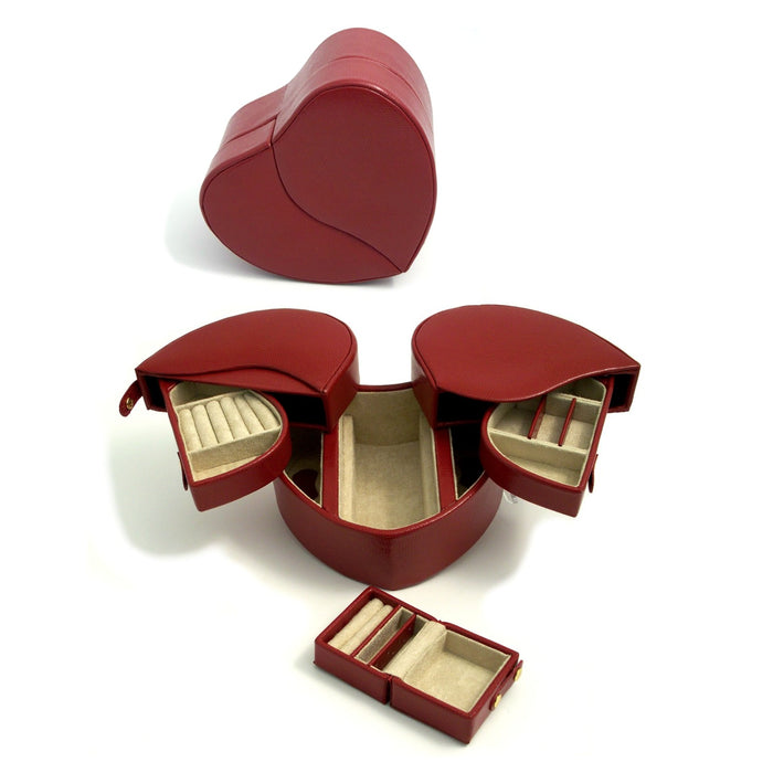 Occasion Gallery Red Color Red "Lizard" Leather Heart Shaped Jewelry Box with Removable Travel and Multiple Compartments.  8 L x 6.5 W x 5 H in.