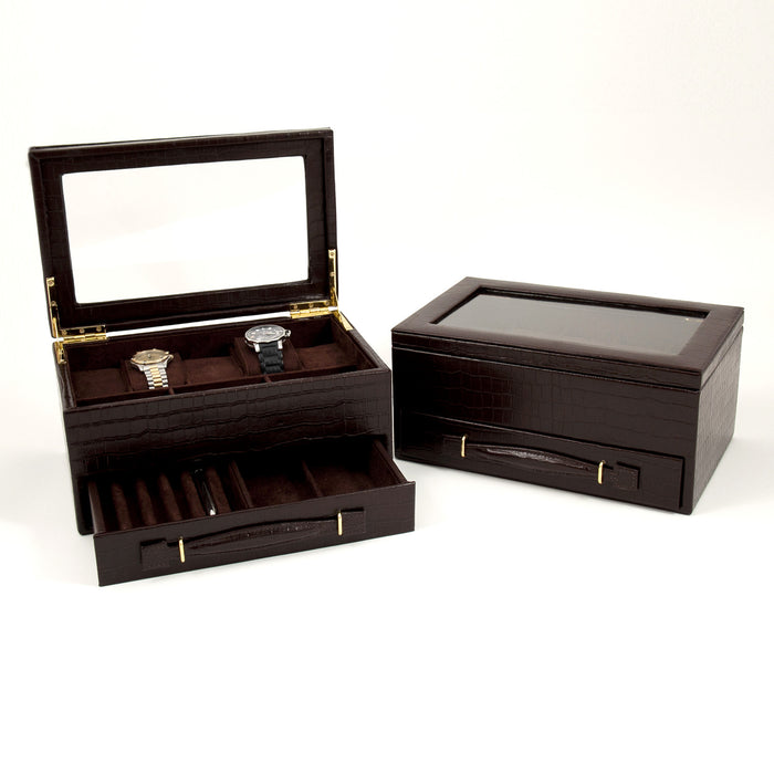 Occasion Gallery Brown Color Brown "Croco" Leather 5 Watch Box with Drawer for Pens & Accessories and Glass See Through Top. 11.5 L x 7.5 W x 5 H in.