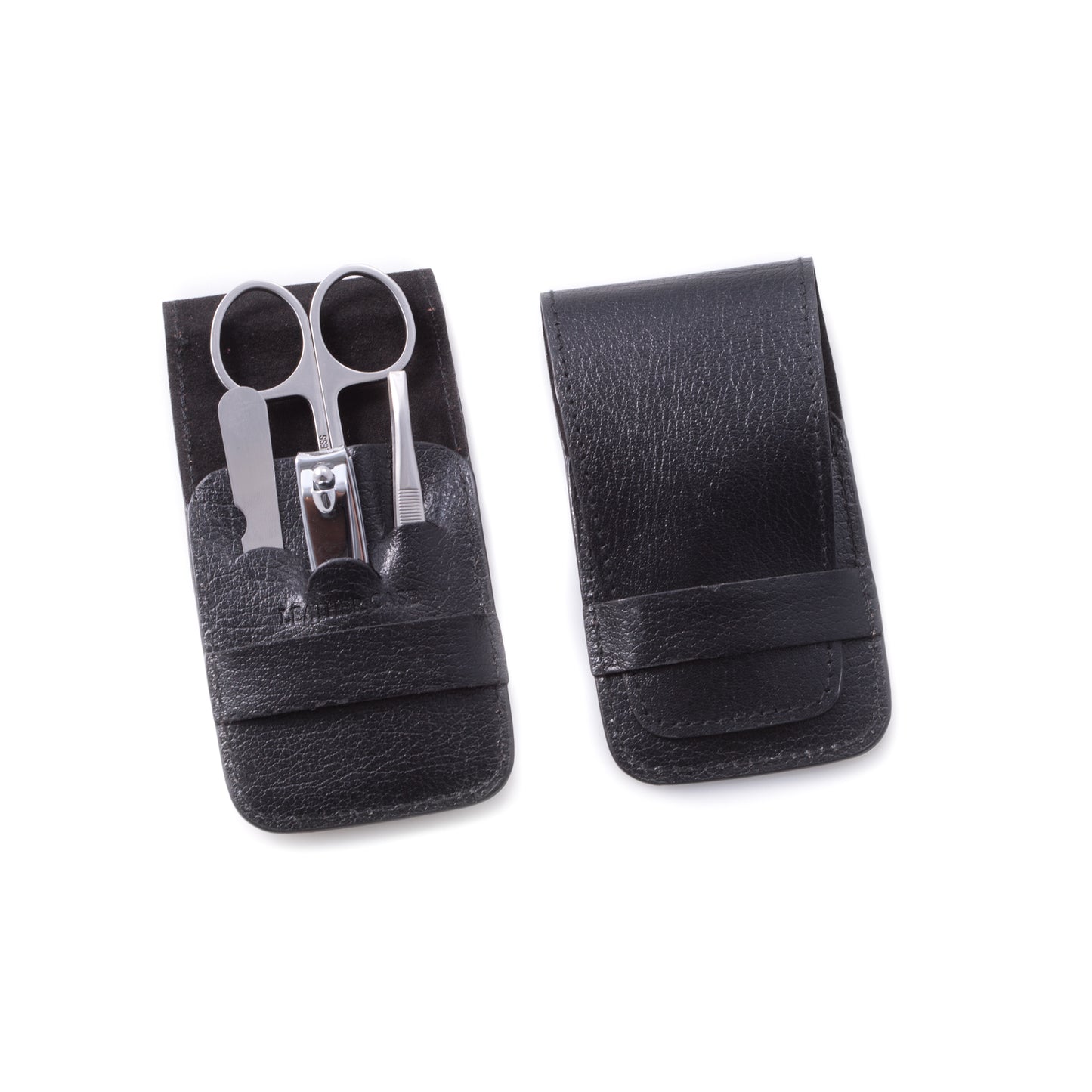Occasion Gallery Black Color 4 Pieces Manicure Set with Small Clippers, Tweezers, File and Small Scissors in Black Leather Case. 3.15 L x 2.15 W x 0.75 H in.