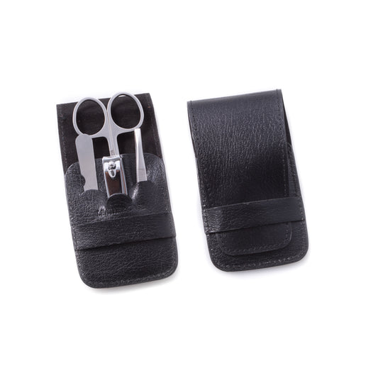 Occasion Gallery Black Color 4 Pieces Manicure Set with Small Clippers, Tweezers, File and Small Scissors in Black Leather Case. 3.15 L x 2.15 W x 0.75 H in.