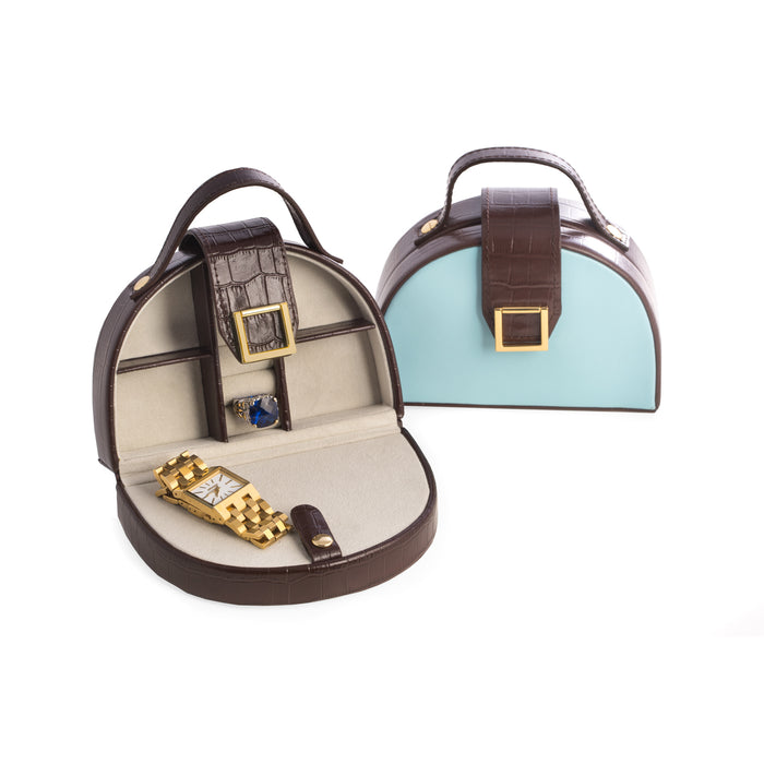 Occasion Gallery Blue/Brown Color Blue & Brown "Croco" Leather 2 Compartment Jewelry Case with Magnetic Closure. 6 L x 2 W x 4 H in.