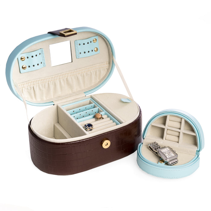 Occasion Gallery Blue/Brown Color Blue & Brown "Croco" Leather Jewelry Box with Removable Travel Tray, Multi Compartments, Mirror and Magnetic Closure.  9.75 L x 6 W x 4.5 H in.