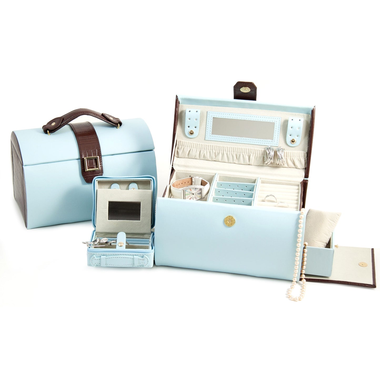 Occasion Gallery Blue/Brown Color Blue & Brown "Croco" Leather Jewelry Box with Removable Travel Tray, Side Compartments, Mirror and Magnetic Clasp. 9.75 L x 6.5 W x 6.5 H in.