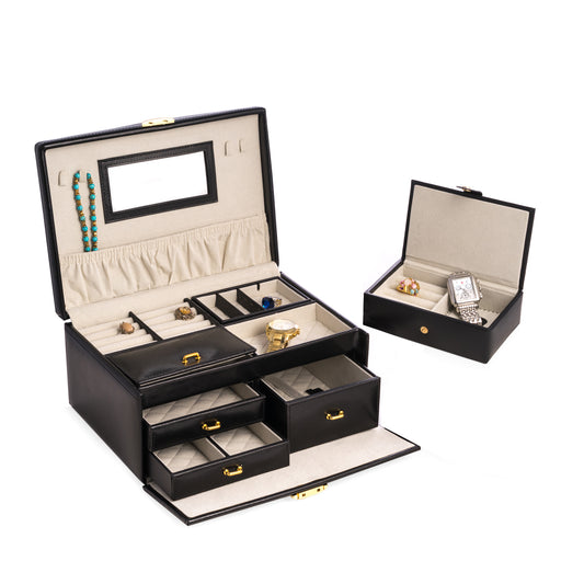 Occasion Gallery Black Color Black Leather 2 Level Jewelry Box with 3 Drawers, Removable Travel Tray, Mirror and Locking Clasp. 11 L x 7.5 W x 5.25 H in.