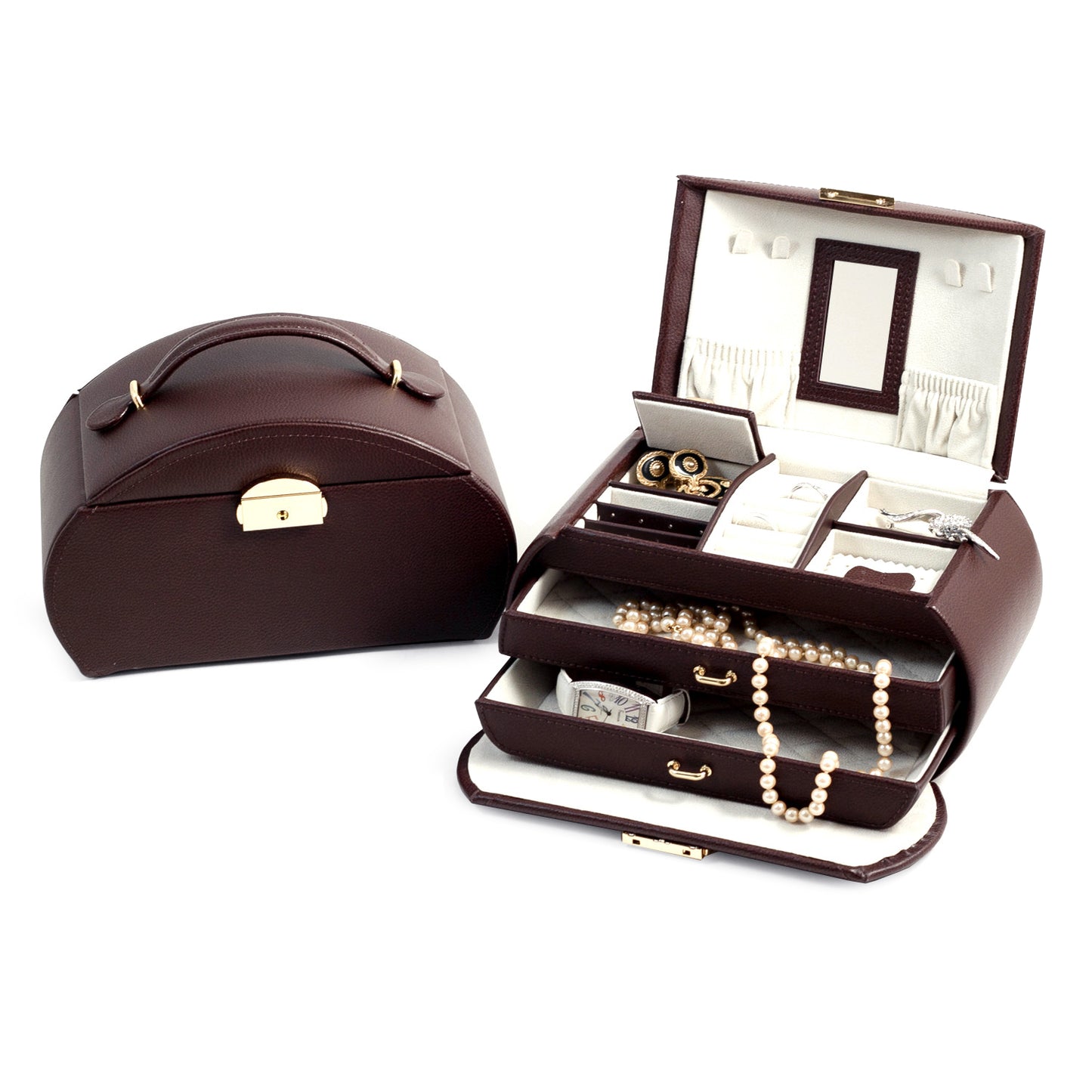Occasion Gallery Brown Color Brown Leather 3 Level Jewelry Box with 2 Drawers, Mirror and a Locking Clasp. 9 L x 5 W x 5.25 H in.