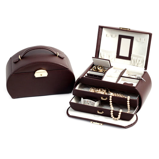 Occasion Gallery Brown Color Brown Leather 3 Level Jewelry Box with 2 Drawers, Mirror and a Locking Clasp. 9 L x 5 W x 5.25 H in.