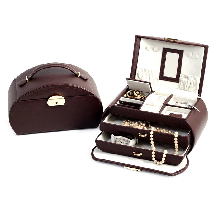 Occasion Gallery Brown Color Brown Leather 3 Level Jewelry Box with 2 Drawers, Mirror and a Locking Clasp. 9 L x 5 W x 5.25 H in.