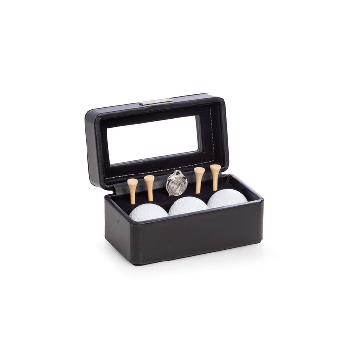 Occasion Gallery Black Color Golf Accessories Black Leather Box with Glass Top. Includes 3 Golf Balls, 4 Tees  and Divot Tool with Ball Marker.  6.5 L x 3 W x 3.15 H in.