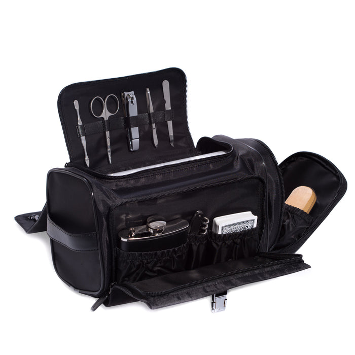 Occasion Gallery Black Leather & Nylon Tote Bag with 5 oz. Flask, Bar tool, Deck of Playing Cards, 5 Piece Shoe Shine Set and 5 Piece Manicure Set which Includes a Cuticle Cleaner, Scissors, Large Clippers, Tweezers and File. 11 L x 5 W x 6 H in.